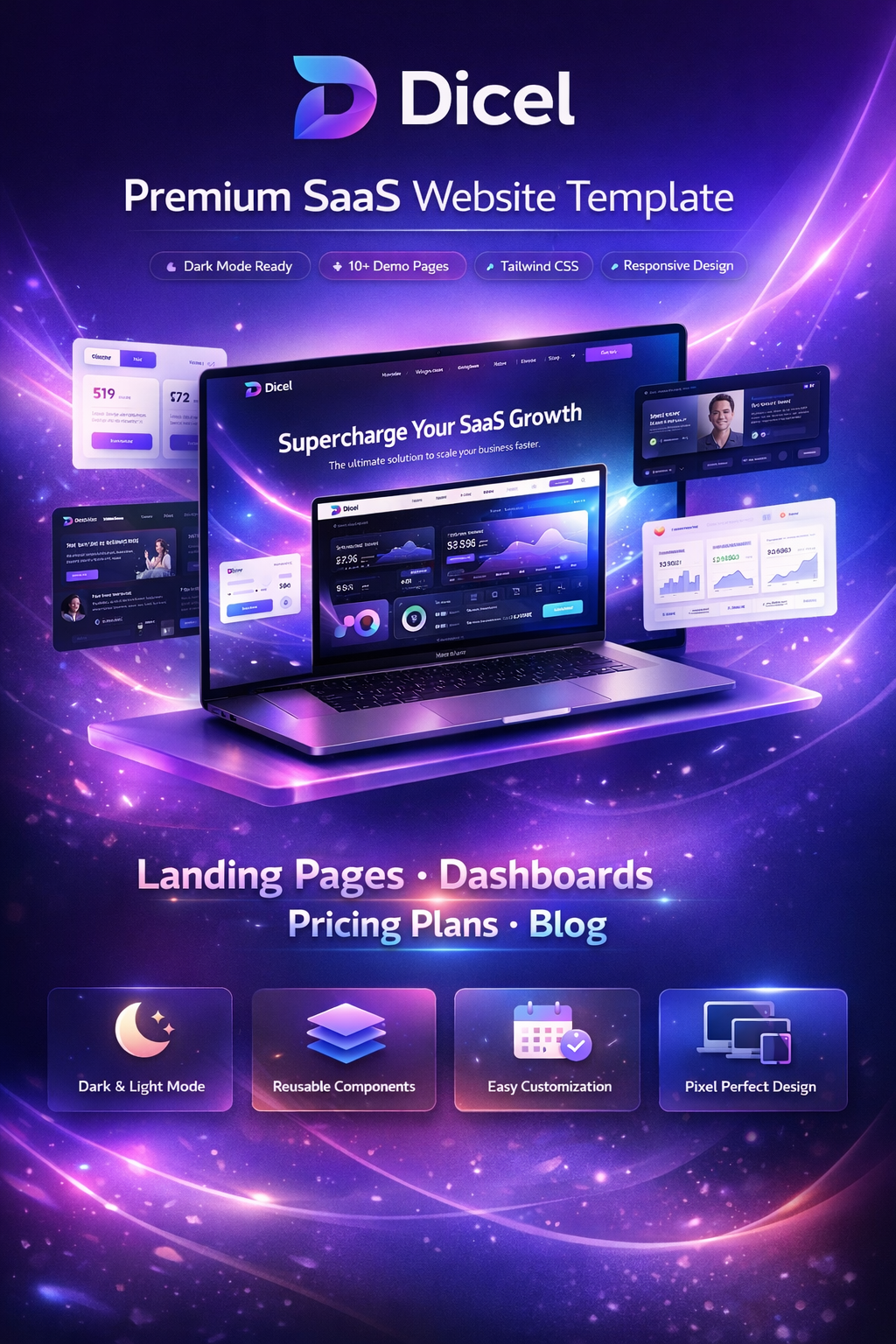 Pratinjau template Dicel Premium SaaS website template showcase